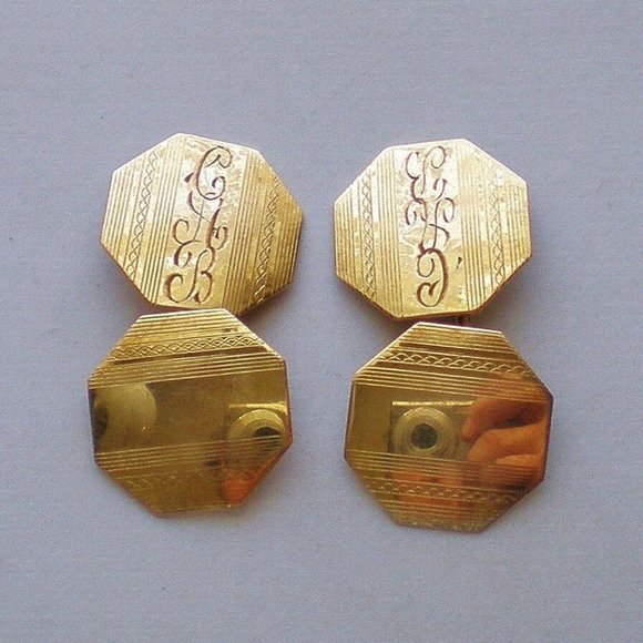 Beautiful Antique Art Deco Solid 14K Yellow Gold Hexagon Cufflinks 14kt